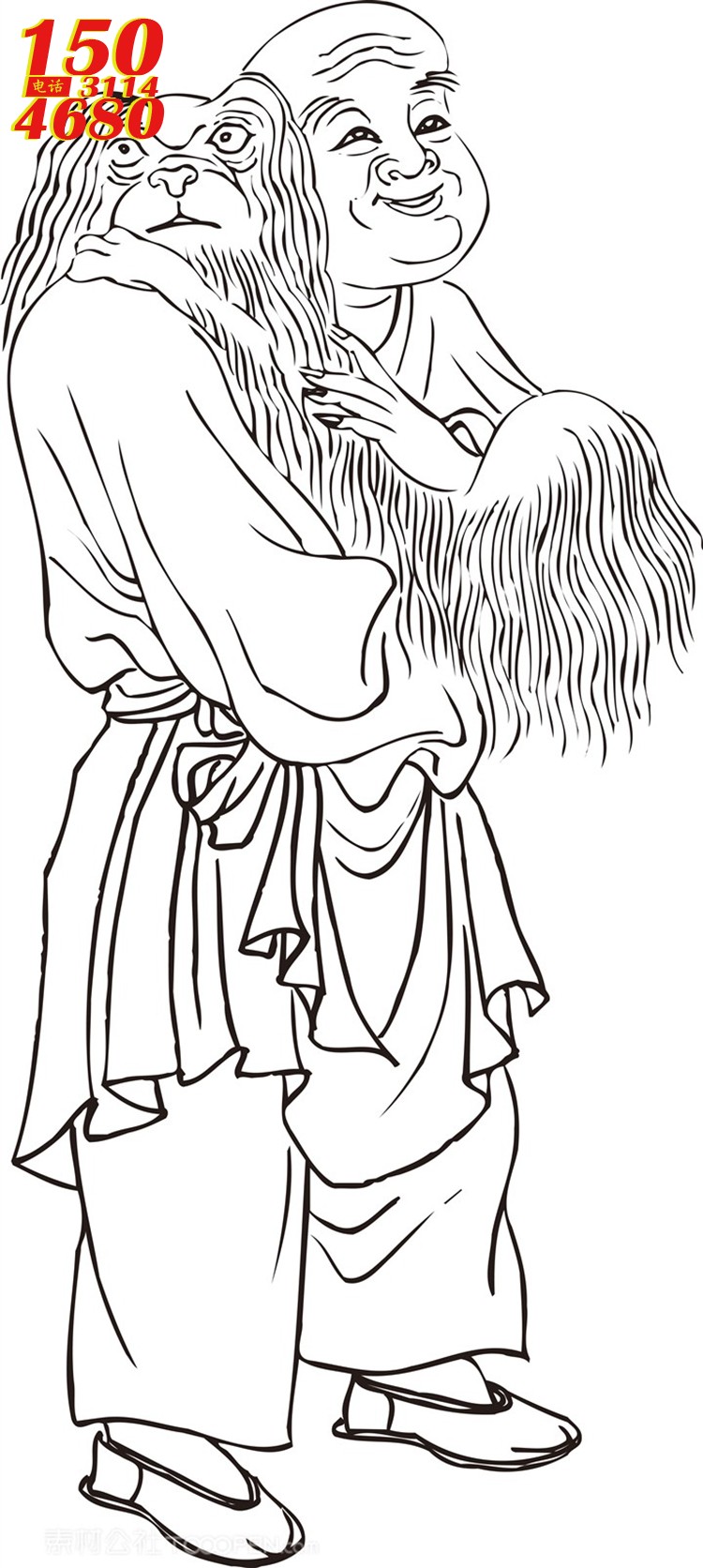 抱着狮子狗的僧人罗汉线描矢量PNG绘画图片