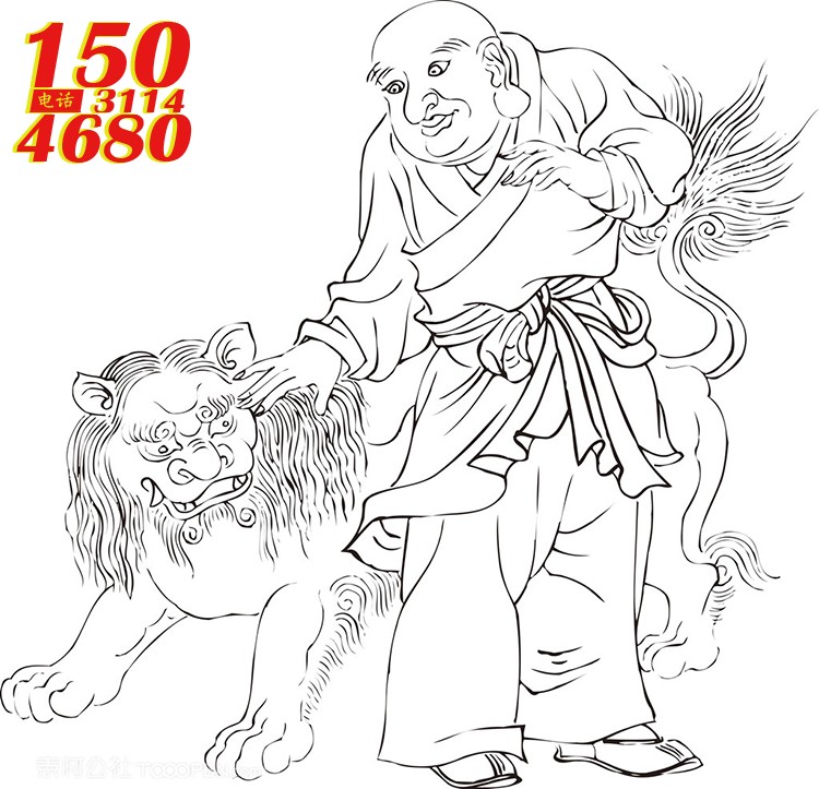 摸狮子的僧人罗汉线描矢量PNG绘画图片