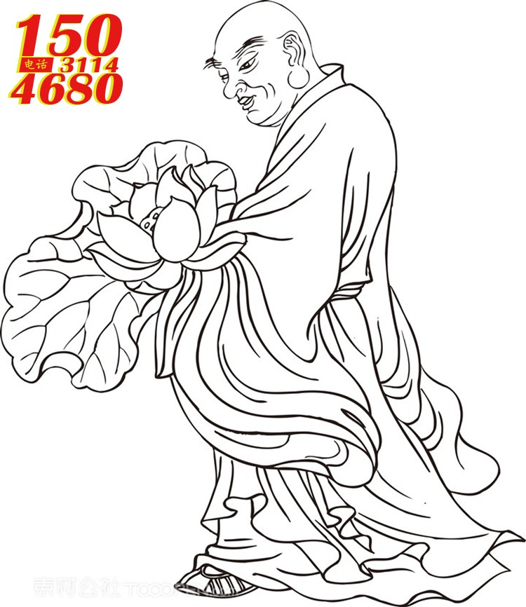 拿着大朵莲花荷花的僧人罗汉线描矢量PNG绘画图片