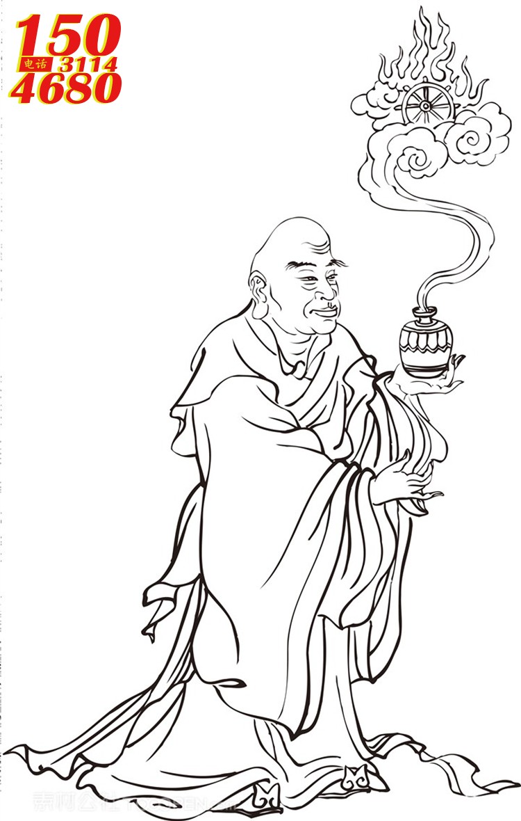 拿着神奇瓶子的僧人罗汉线描矢量PNG绘画图片