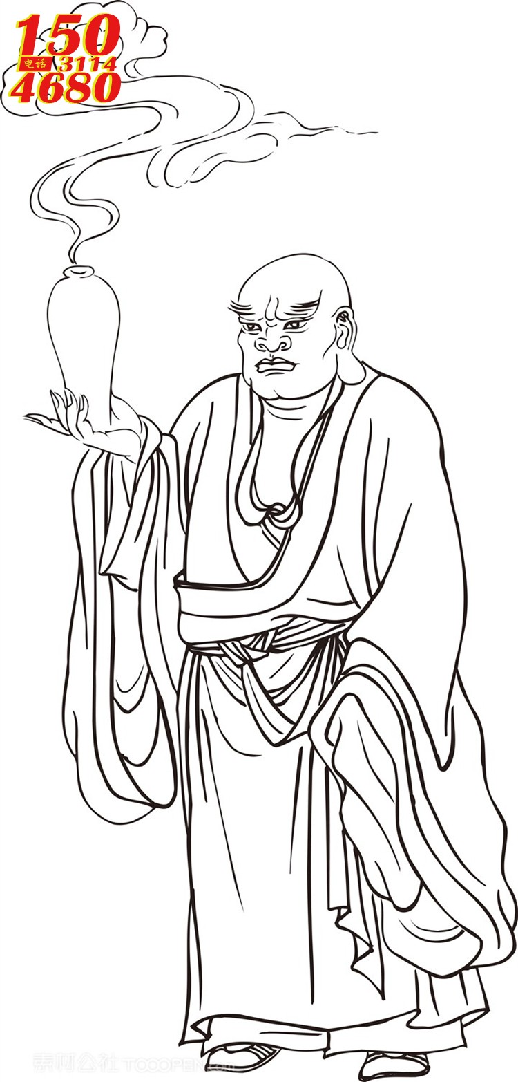 托瓶里出来祥云的僧人罗汉线描矢量PNG绘画图片