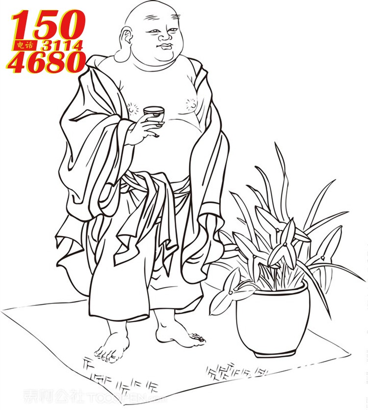 站着喝茶的僧人罗汉线描矢量PNG绘画图片